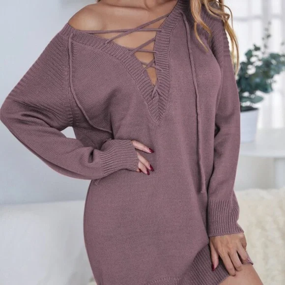 Boho Black Lace up Off Shoulder Oversized Sweater Dress - Picture 7 of 14
